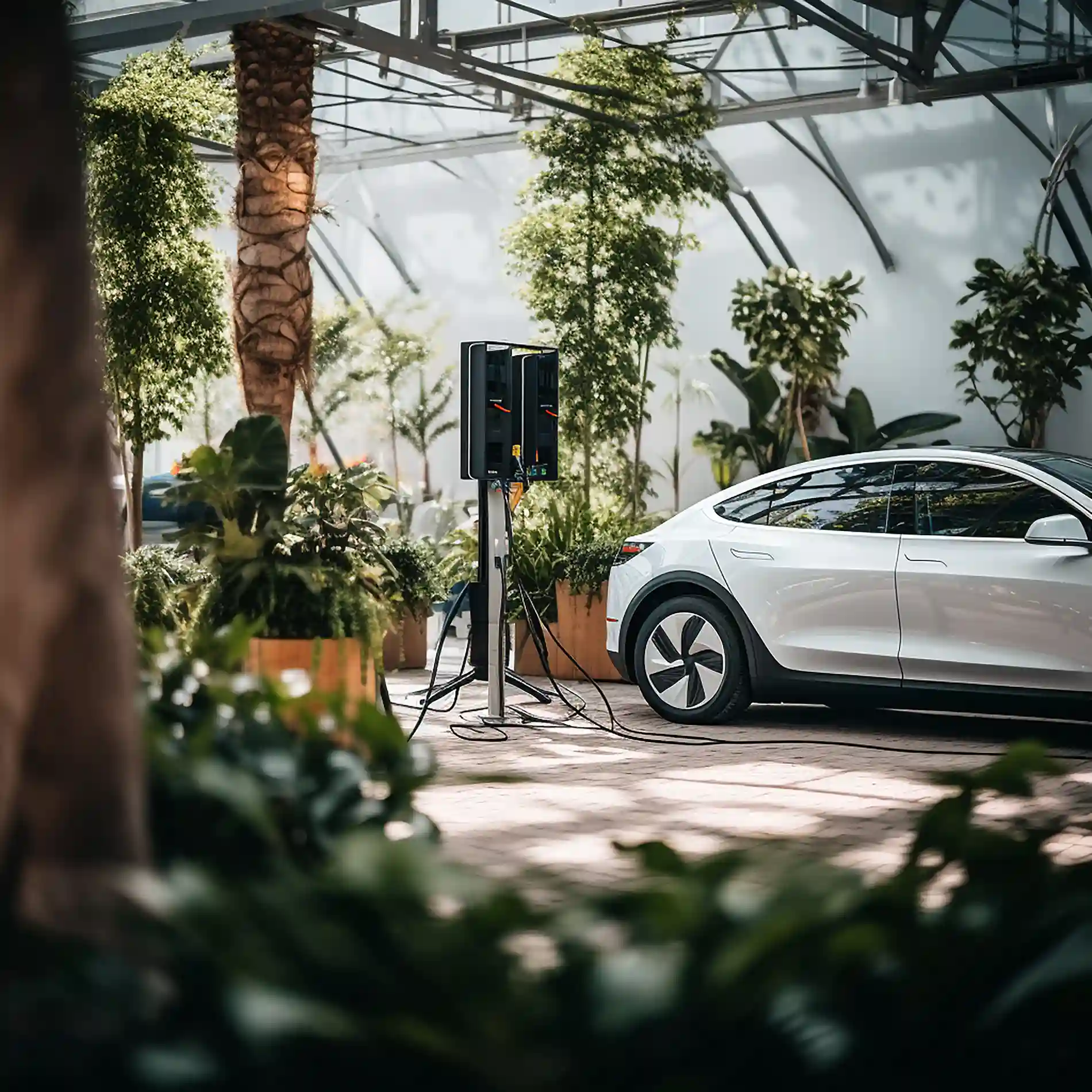 white-car-is-parked-room-with-sign-that-says-company_11zon